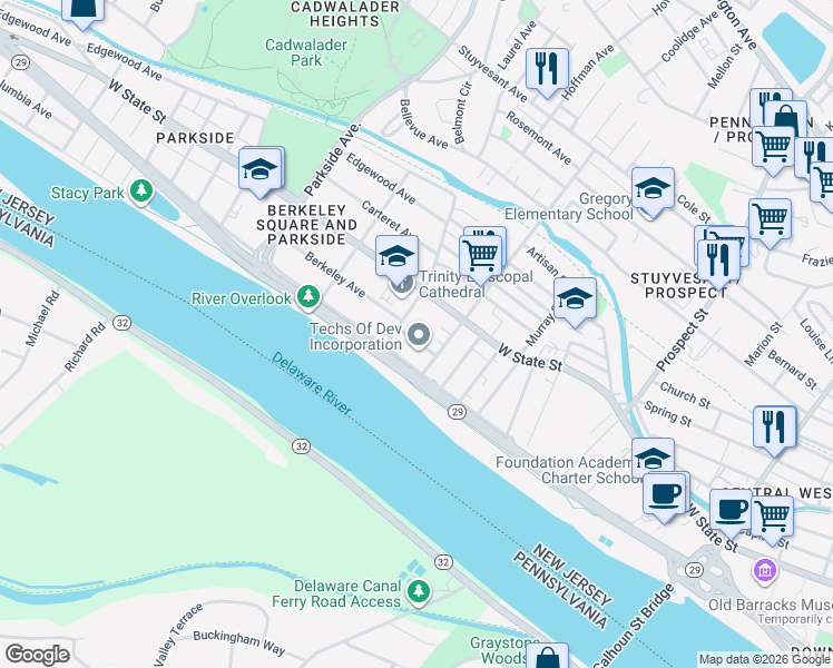 map of restaurants, bars, coffee shops, grocery stores, and more near 100 South Overbrook Avenue in Trenton