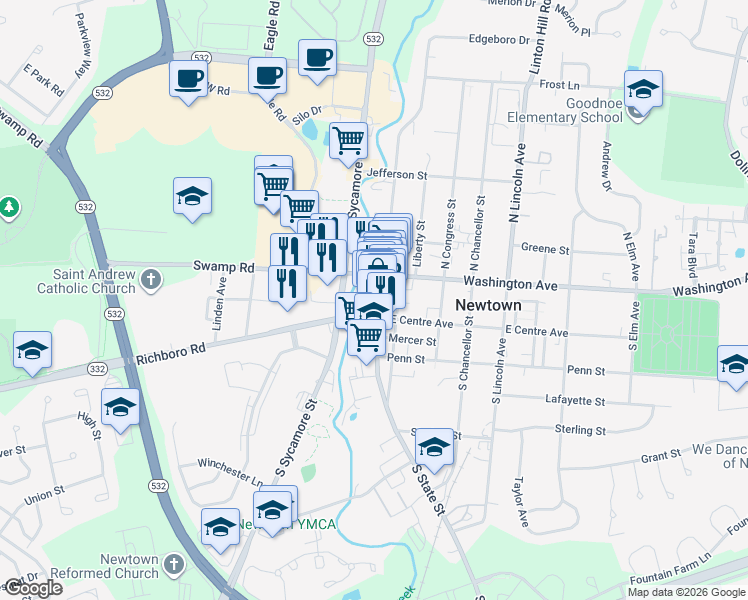 map of restaurants, bars, coffee shops, grocery stores, and more near 26 South State Street in Newtown