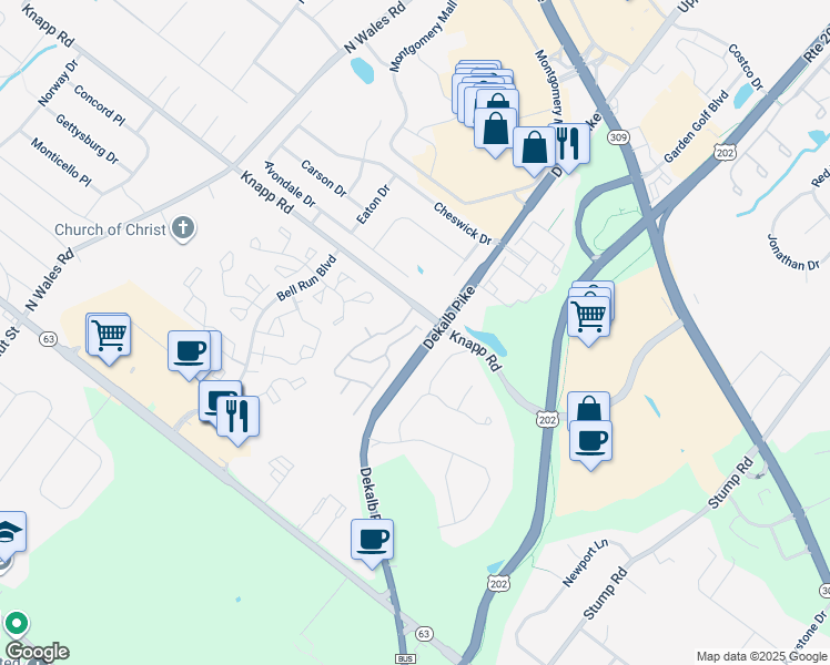 map of restaurants, bars, coffee shops, grocery stores, and more near 216 Warwick Way in North Wales