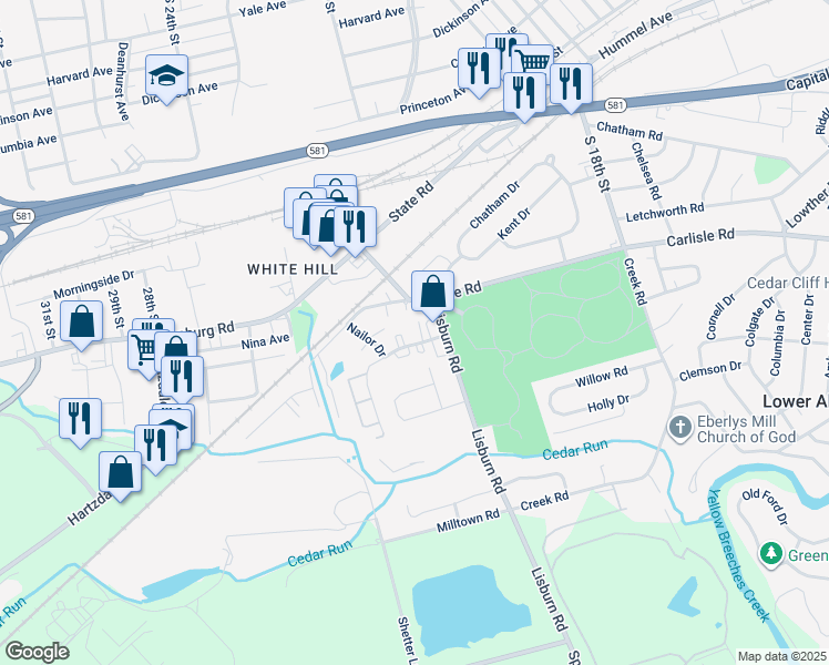 map of restaurants, bars, coffee shops, grocery stores, and more near 2108 Cedar Run Drive in Camp Hill