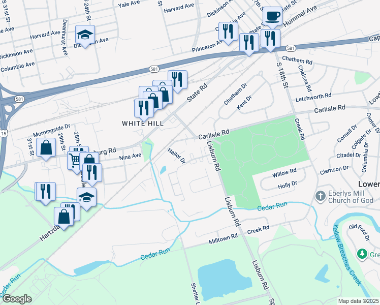 map of restaurants, bars, coffee shops, grocery stores, and more near 2108 Cedar Run Drive in Camp Hill