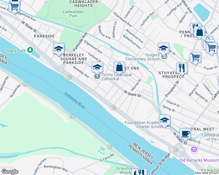 map of restaurants, bars, coffee shops, grocery stores, and more near 43 South Hermitage Avenue in Trenton
