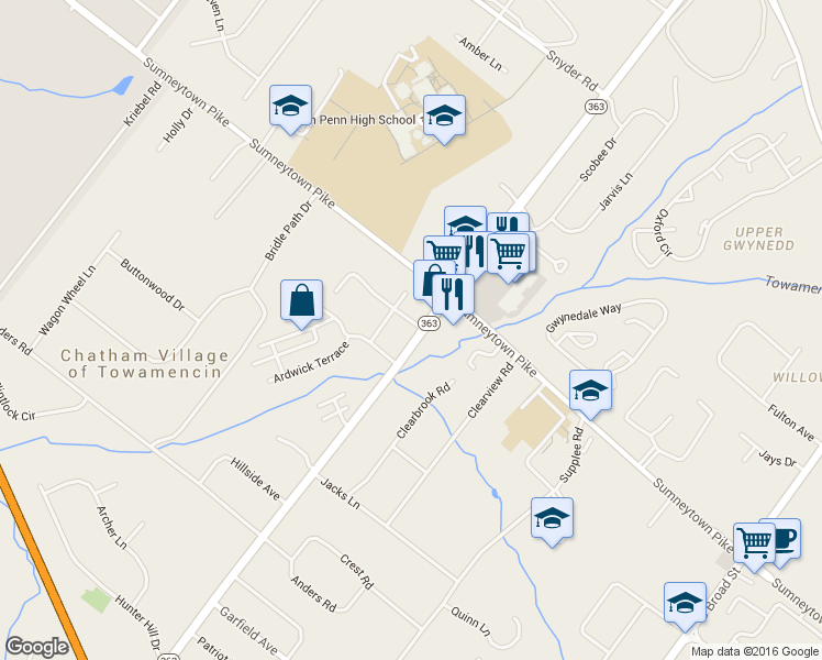 map of restaurants, bars, coffee shops, grocery stores, and more near 103 Hickory Court in Lansdale