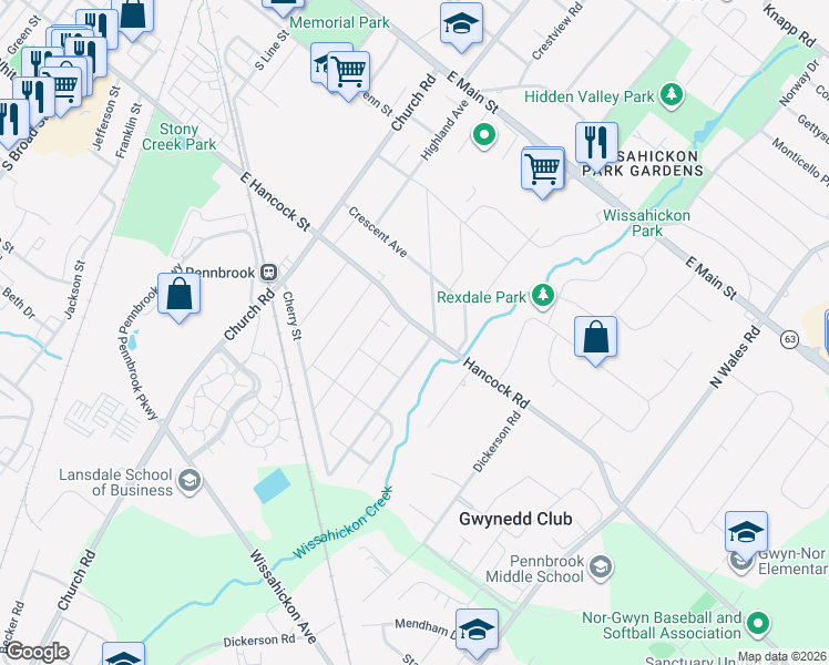 map of restaurants, bars, coffee shops, grocery stores, and more near 910 East Hancock Street in Lansdale