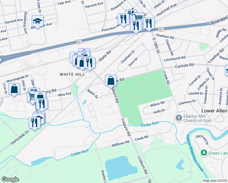 map of restaurants, bars, coffee shops, grocery stores, and more near 2100 Cedar Run Drive in Camp Hill