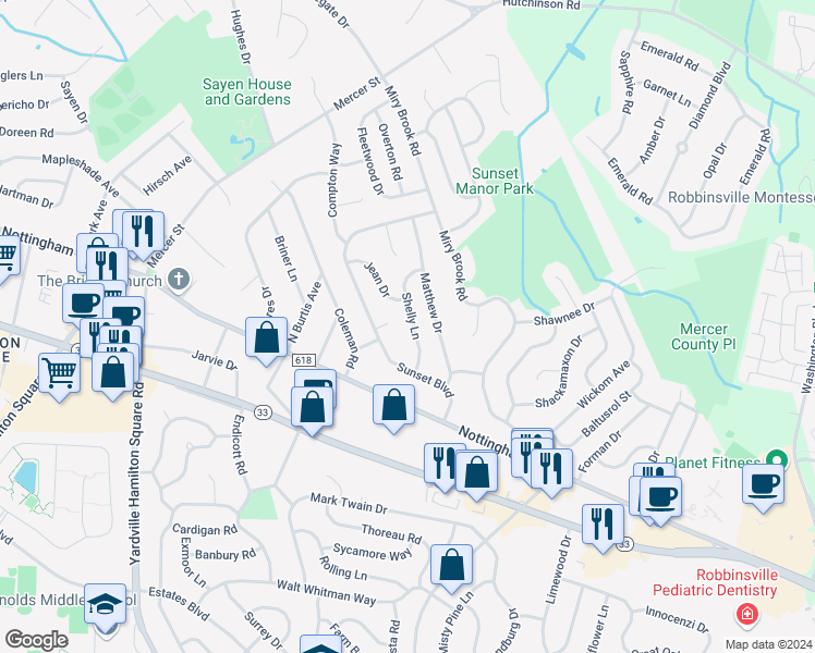 map of restaurants, bars, coffee shops, grocery stores, and more near 15 Shelly Lane in Trenton