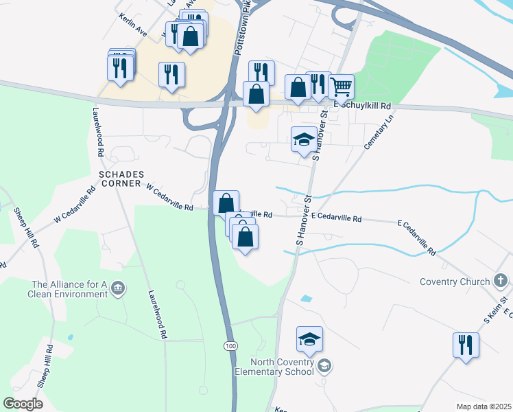 map of restaurants, bars, coffee shops, grocery stores, and more near 189 West Cedarville Road in Pottstown