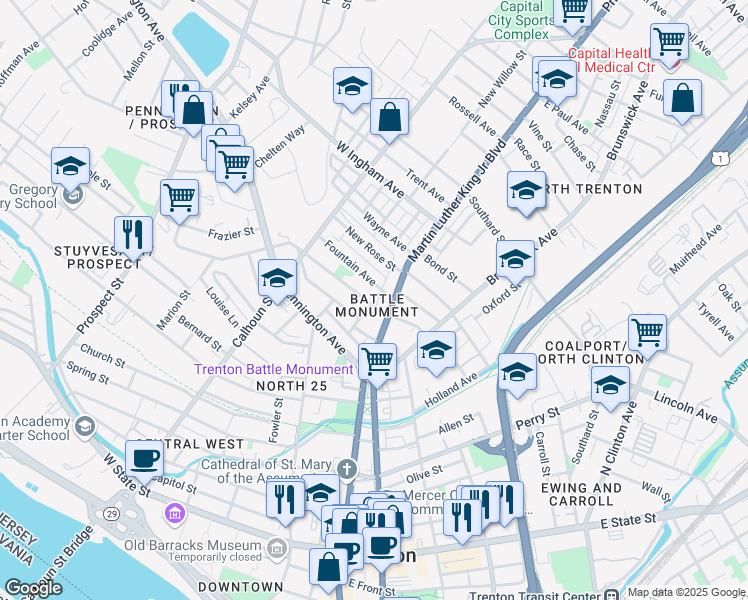 map of restaurants, bars, coffee shops, grocery stores, and more near 22 Sweets Avenue in Trenton