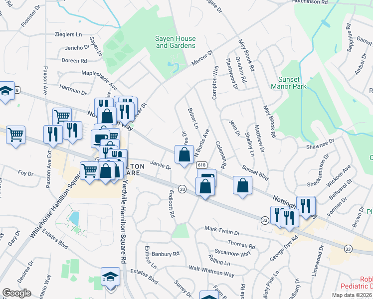 map of restaurants, bars, coffee shops, grocery stores, and more near 31 Acres Drive in Hamilton Township