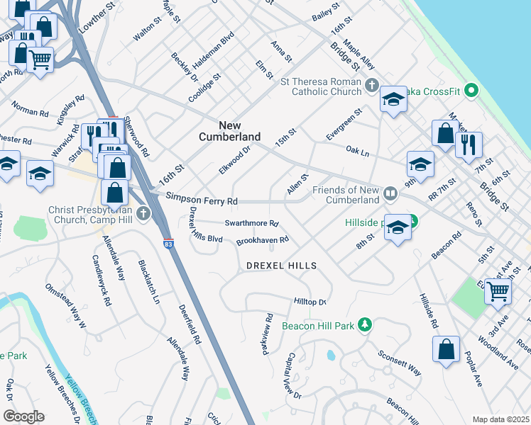 map of restaurants, bars, coffee shops, grocery stores, and more near 801 Barbara St in New Cumberland