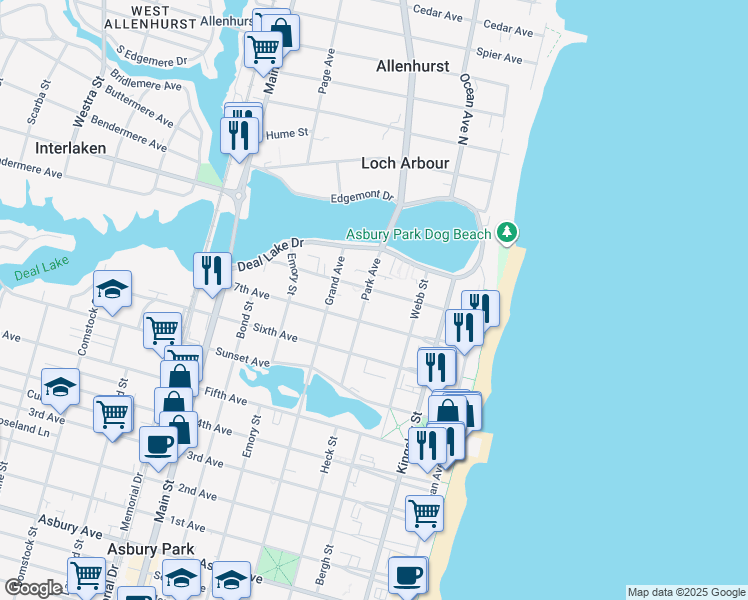 map of restaurants, bars, coffee shops, grocery stores, and more near 1615 Park Avenue in Asbury Park
