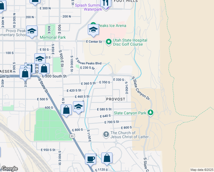 map of restaurants, bars, coffee shops, grocery stores, and more near 385 South 1280 East Street in Provo