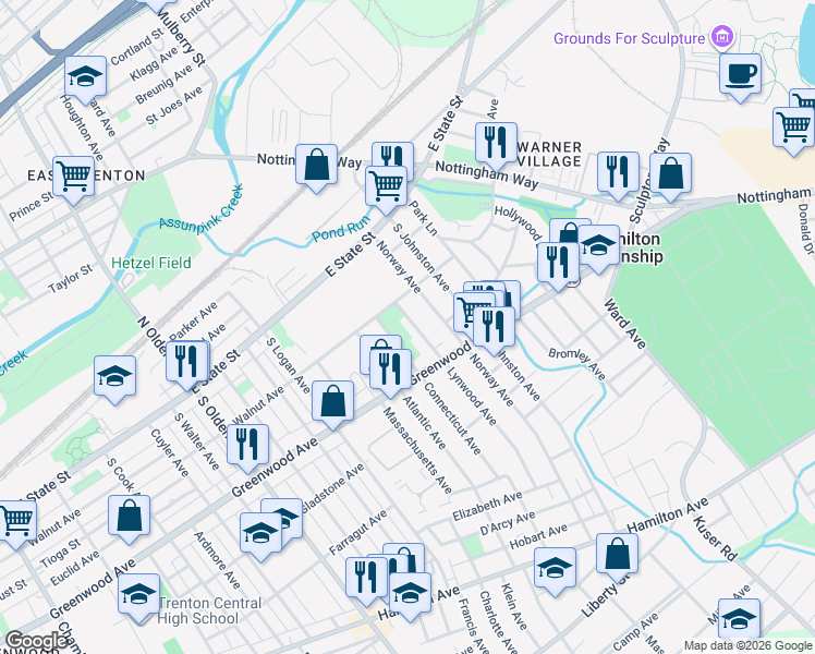 map of restaurants, bars, coffee shops, grocery stores, and more near 237 Lynwood Avenue in Hamilton Township