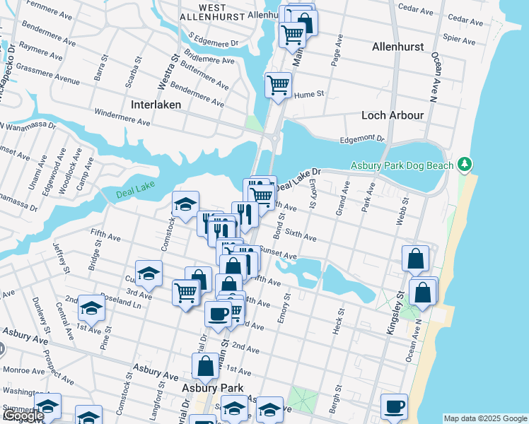 map of restaurants, bars, coffee shops, grocery stores, and more near 1506 Main Street in Asbury Park