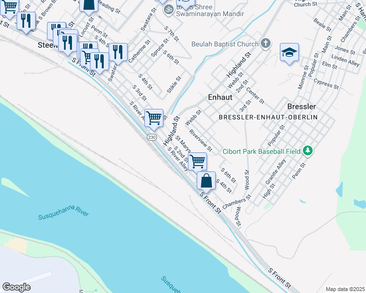 map of restaurants, bars, coffee shops, grocery stores, and more near 514 Saint Marys Drive in Steelton