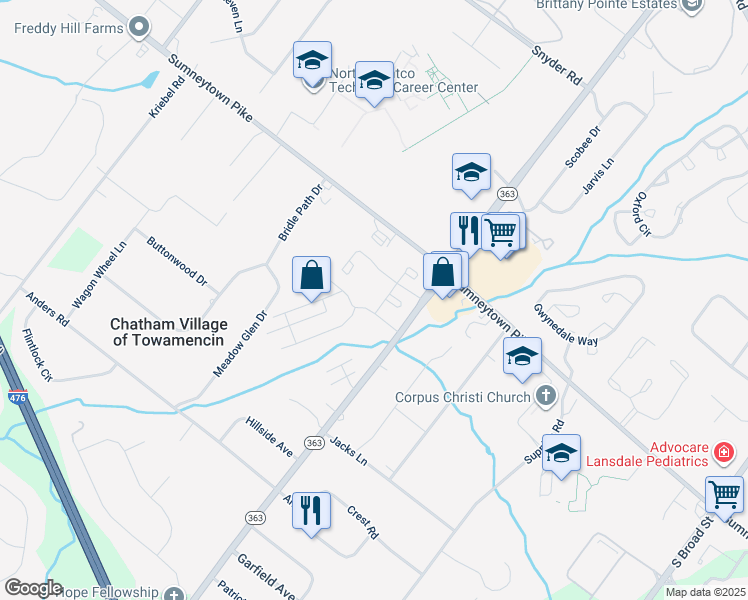 map of restaurants, bars, coffee shops, grocery stores, and more near 307 Hickory Court in Lansdale