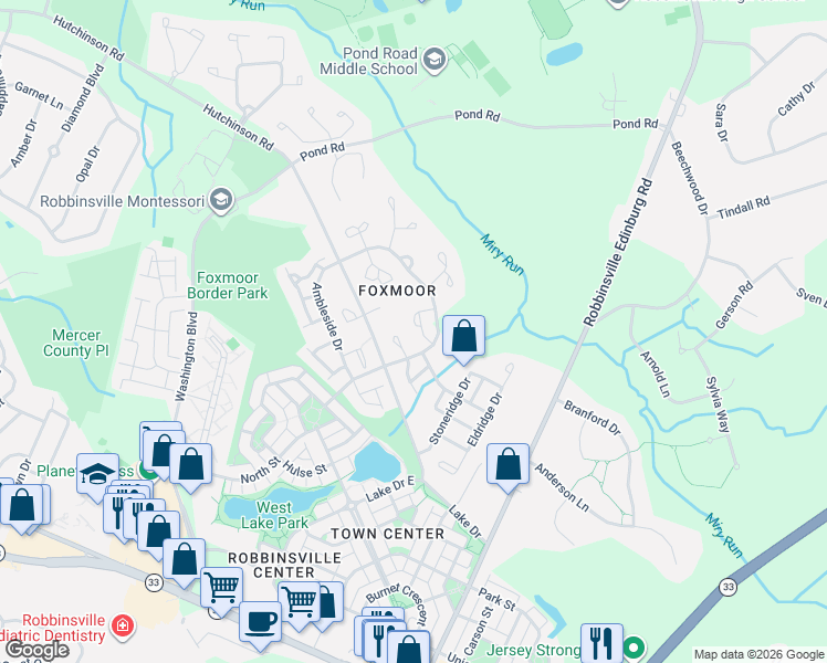 map of restaurants, bars, coffee shops, grocery stores, and more near 210 Waverly Court in Robbinsville Township
