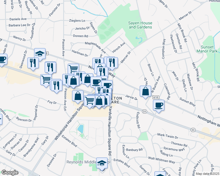 map of restaurants, bars, coffee shops, grocery stores, and more near 2568 Yardville Hamilton Square Road in Trenton