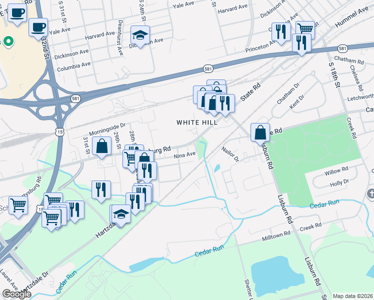 map of restaurants, bars, coffee shops, grocery stores, and more near 2313 Gettysburg Road in Camp Hill