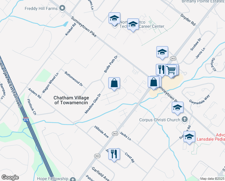 map of restaurants, bars, coffee shops, grocery stores, and more near 132 Oberlin Terrace in Lansdale
