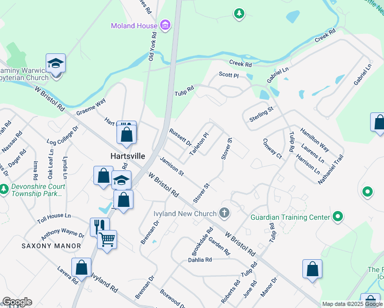 map of restaurants, bars, coffee shops, grocery stores, and more near 1477 Tarleton Place in Warminster