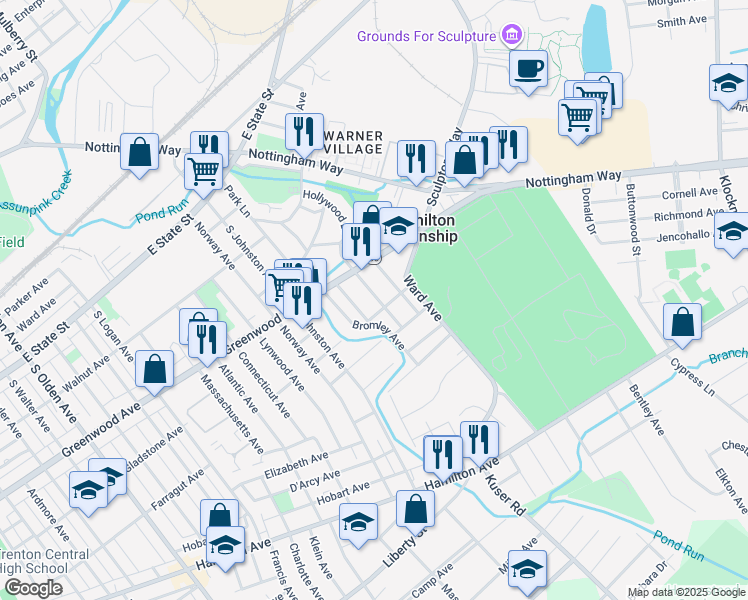 map of restaurants, bars, coffee shops, grocery stores, and more near 18 Scammel Avenue in Hamilton Township