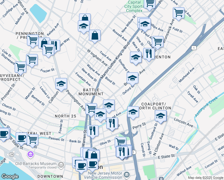 map of restaurants, bars, coffee shops, grocery stores, and more near 62 New Rose Street in Trenton