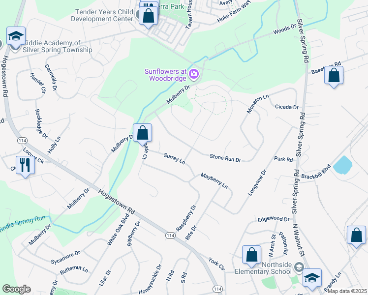 map of restaurants, bars, coffee shops, grocery stores, and more near 19 Stone Run Dr in Mechanicsburg