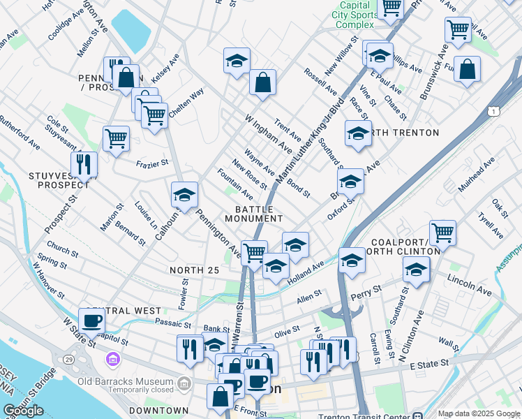 map of restaurants, bars, coffee shops, grocery stores, and more near 497 Martin Luther King Junior Boulevard in Trenton