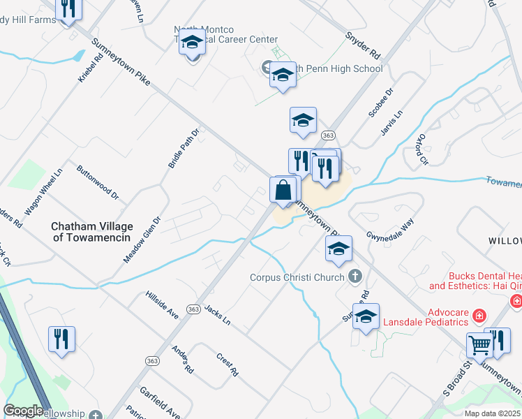 map of restaurants, bars, coffee shops, grocery stores, and more near 104 Hickory Court in Lansdale