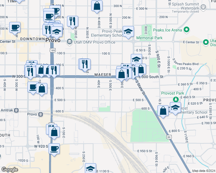 map of restaurants, bars, coffee shops, grocery stores, and more near 485 400 South in Provo