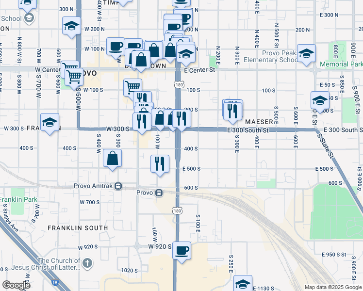 map of restaurants, bars, coffee shops, grocery stores, and more near 391 U.S. 189 in Provo