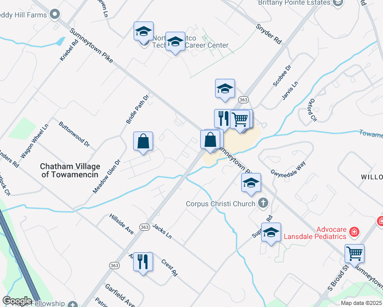 map of restaurants, bars, coffee shops, grocery stores, and more near 103 Hickory Court in Lansdale