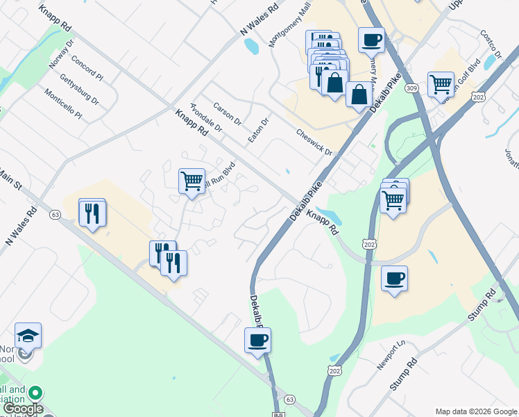 map of restaurants, bars, coffee shops, grocery stores, and more near 100 White Tower Lane in North Wales