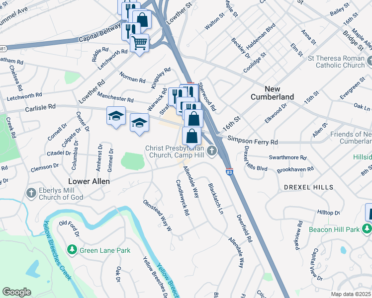 map of restaurants, bars, coffee shops, grocery stores, and more near 1517 Cedar Cliff Drive in Camp Hill