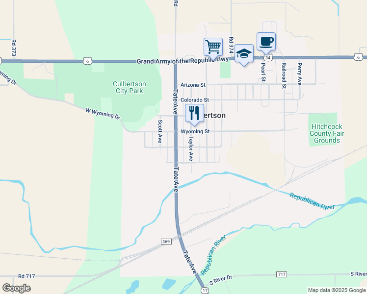 map of restaurants, bars, coffee shops, grocery stores, and more near 449 New York Street in Culbertson