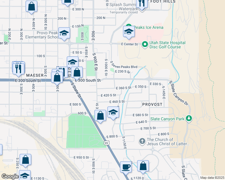 map of restaurants, bars, coffee shops, grocery stores, and more near 1064 East 360 South Street in Provo