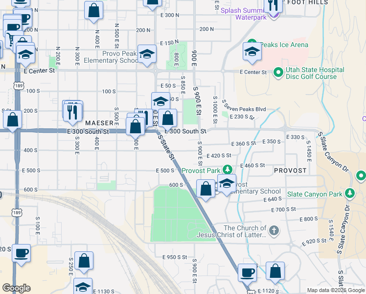 map of restaurants, bars, coffee shops, grocery stores, and more near 855 400 South in Provo