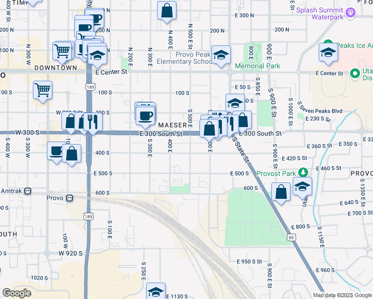map of restaurants, bars, coffee shops, grocery stores, and more near 443 400 South in Provo