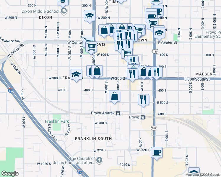 map of restaurants, bars, coffee shops, grocery stores, and more near 336 400 South in Provo