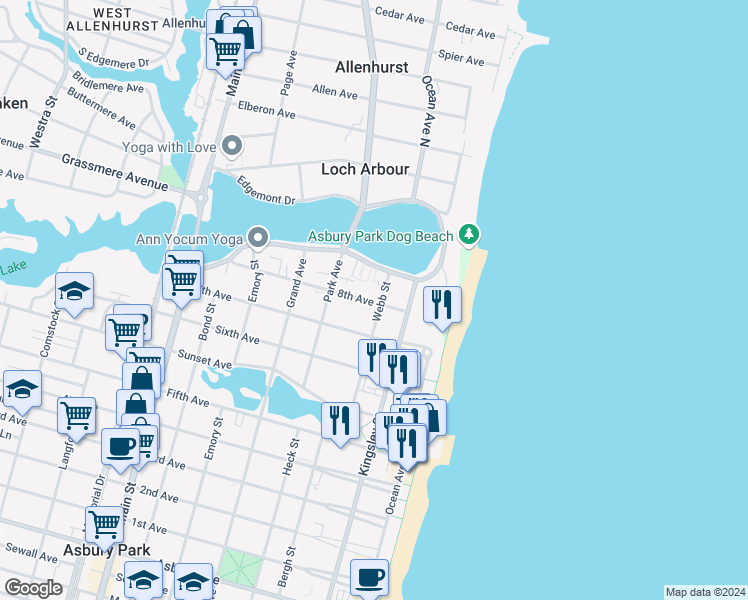 map of restaurants, bars, coffee shops, grocery stores, and more near 306 8th Avenue in Asbury Park