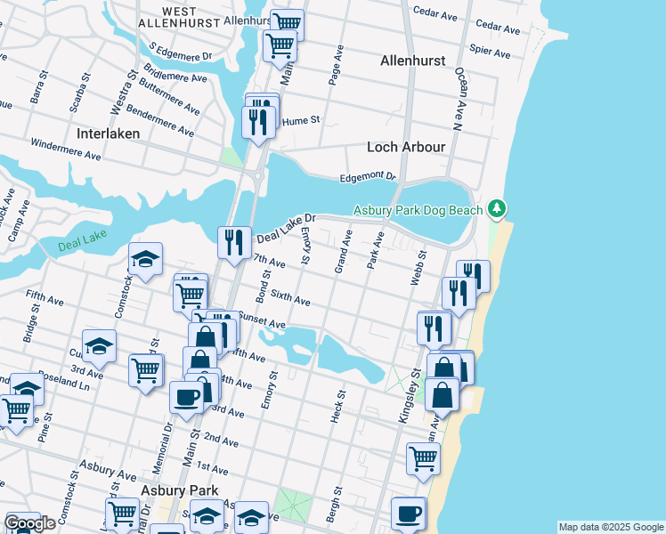 map of restaurants, bars, coffee shops, grocery stores, and more near 1604 Grand Avenue in Asbury Park