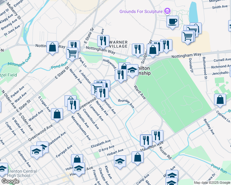 map of restaurants, bars, coffee shops, grocery stores, and more near 18 Scammel Avenue in Hamilton Township