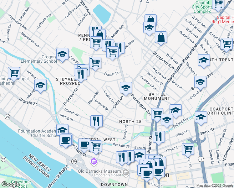 map of restaurants, bars, coffee shops, grocery stores, and more near 49 Rolling Drive in Trenton