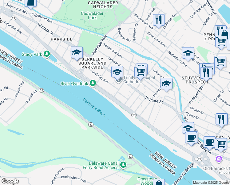 map of restaurants, bars, coffee shops, grocery stores, and more near 100 South Overbrook Avenue in Trenton