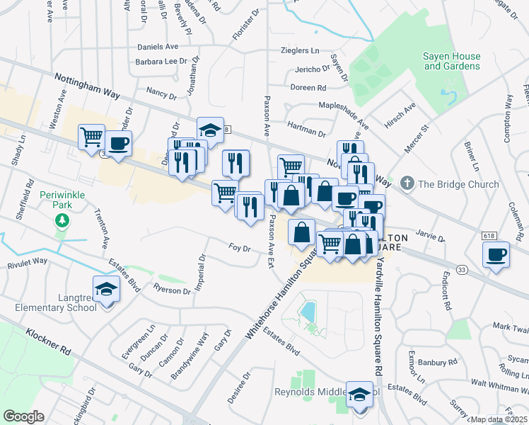 map of restaurants, bars, coffee shops, grocery stores, and more near in Hamilton Township