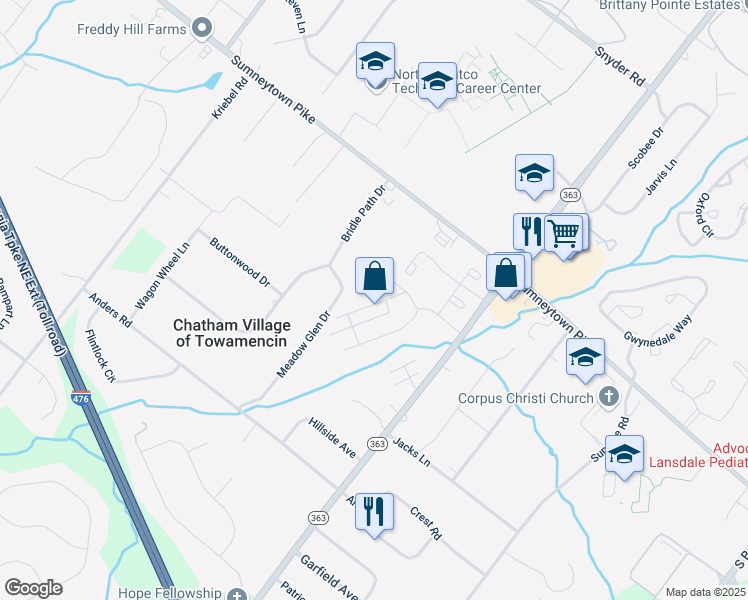 map of restaurants, bars, coffee shops, grocery stores, and more near 124 Oberlin Terrace in Lansdale