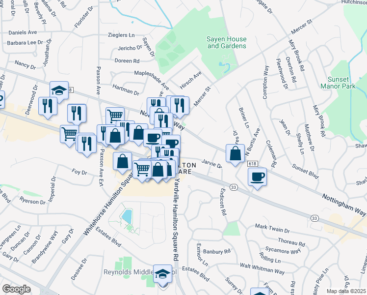 map of restaurants, bars, coffee shops, grocery stores, and more near 2568 Yardville Hamilton Square Road in Trenton