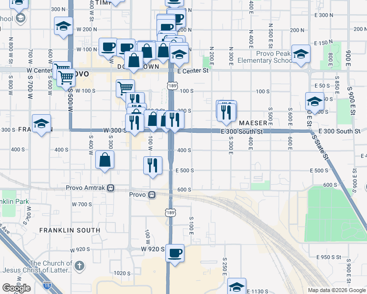 map of restaurants, bars, coffee shops, grocery stores, and more near 85 400 South in Provo