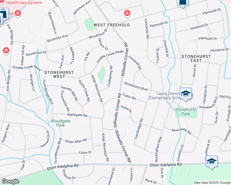 map of restaurants, bars, coffee shops, grocery stores, and more near 21 Woods Road in Freehold